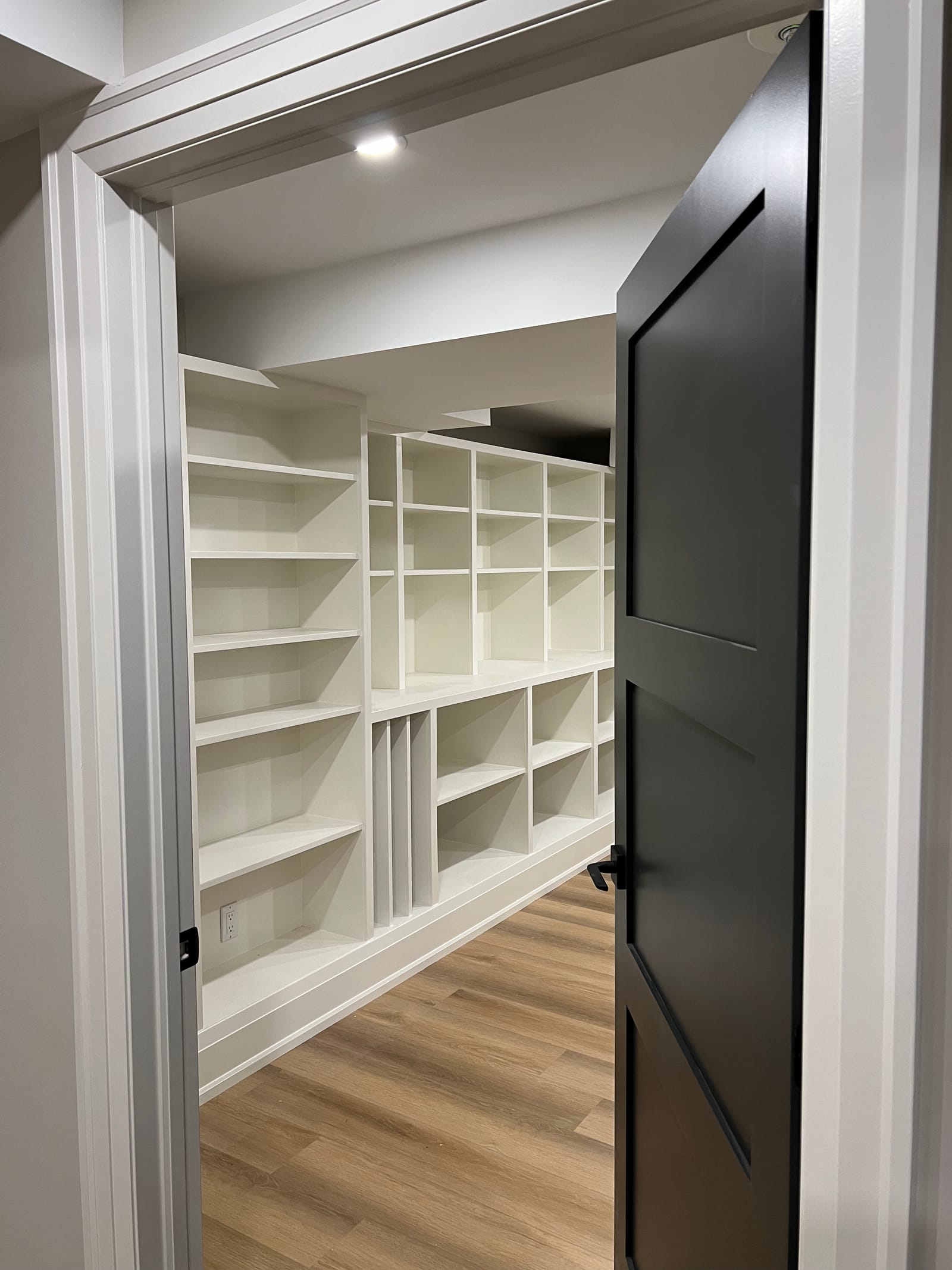 A black door open onto a basement room lined with white shelving