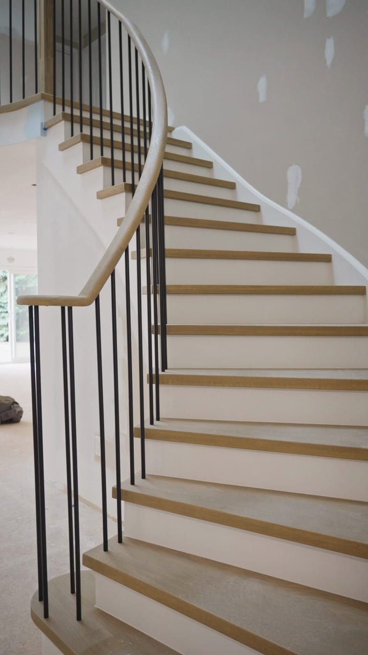 A curved staircase with white risers, oak treads and black spindles, in a foyer of patched and unpainted drywall